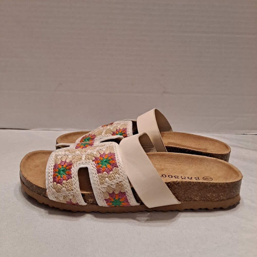 Bamboo Women's "H" Cutout Slide Sandals Size 5 Multi-color Floral Woven Cork - Picture 3 of 11